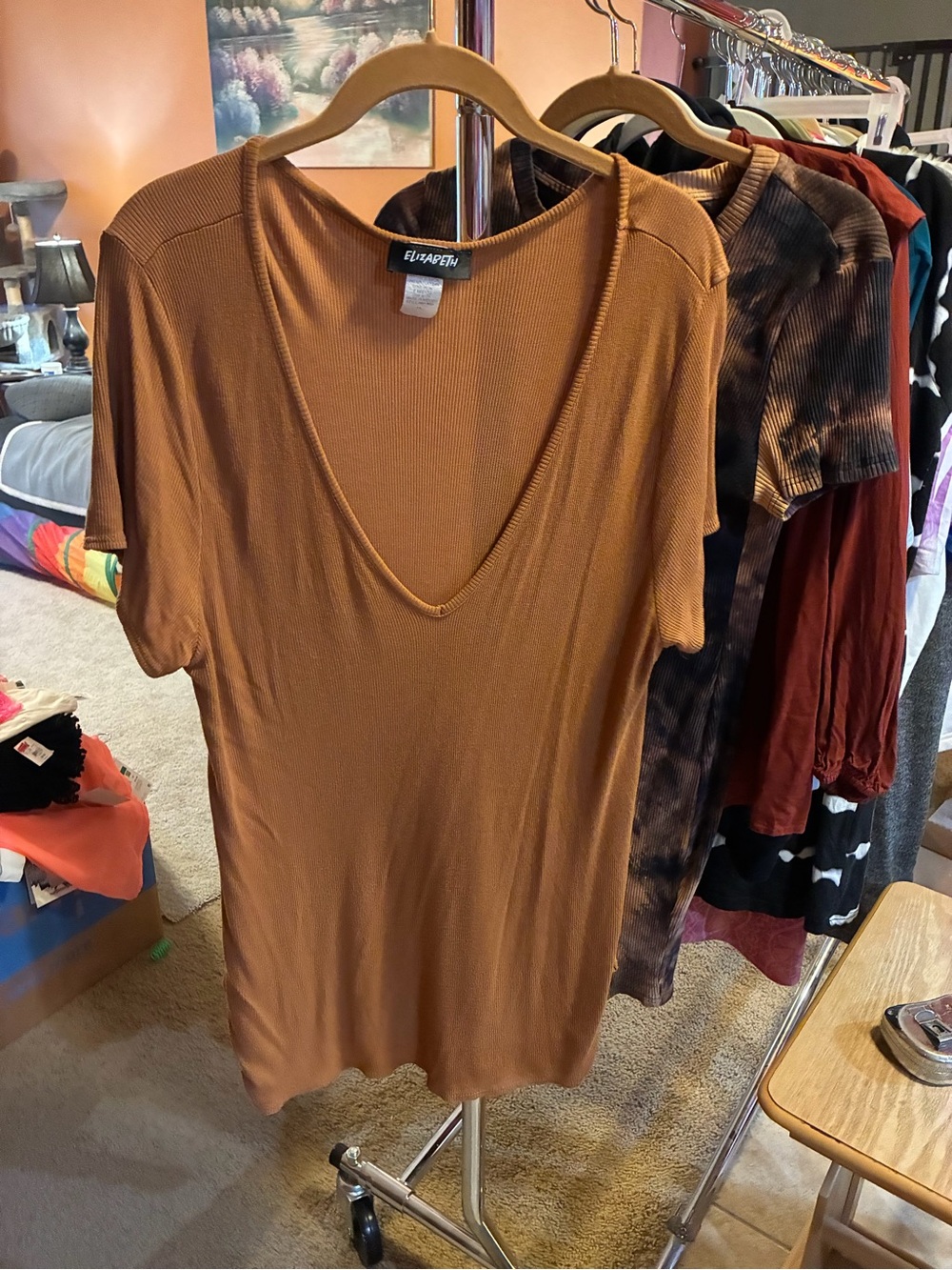 J.Elizabeth Rust Short Sleeve Deep V Ribbed Tee